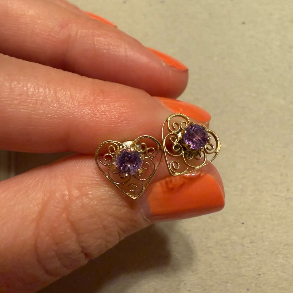 Gold Heart Earrings with Purple Gemstone